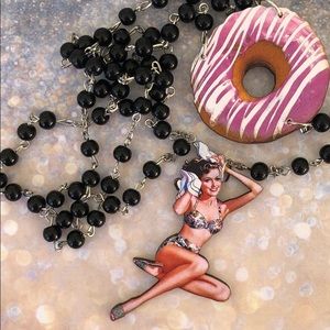 OOAK Pink frosted Donut With Pinup Girl Rosary